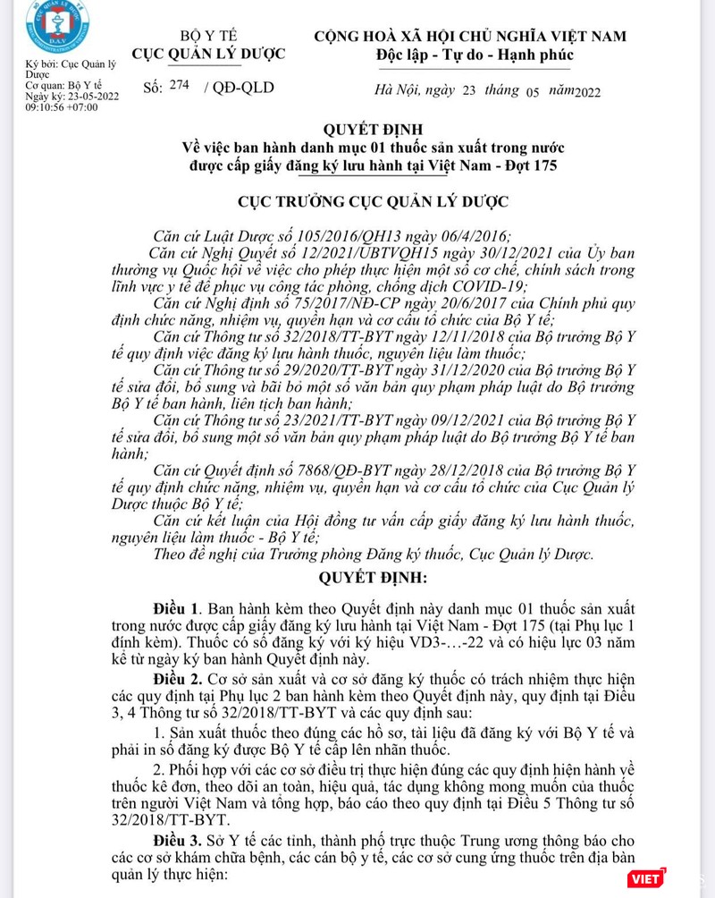 Quyết định cấp phép thuốc Molnupiravir điều trị COVID-19 do Cục trưởng Cục Quản lý Dược Vũ Tuấn Cường ký