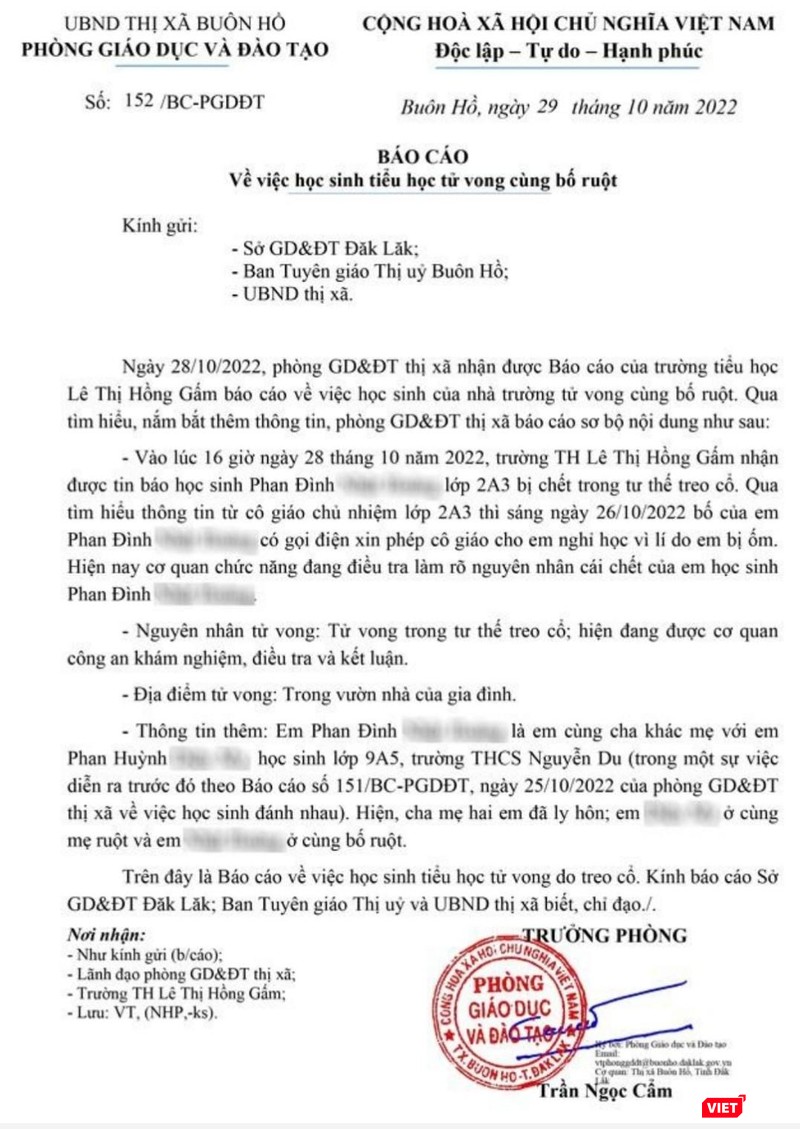 Công văn của Phòng Giáo dục và Đào Tạo thị xã Buôn Hồ về trường hợp 2 cha con tử vong