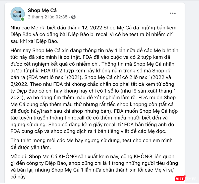 Shop Mẹ Cá thông tin về việc kem Diệp Bảo có chì