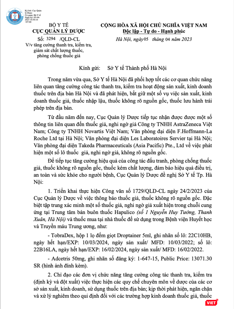 Công văn của Cục Quản lý Dược yêu cầu Sở Y tế Hà Nội xác minh 2 loại thuốc giả trong chuỗi cung ứng trên địa bàn Hà Nội