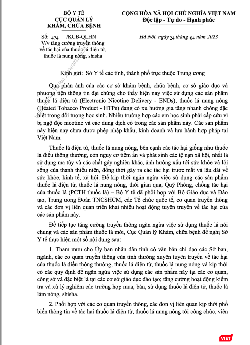 Công văn của Cục Quản lý Khám, chữa bệnh về việc tăng cường quản lý thuốc lá điện tử, thuốc lá nung nóng