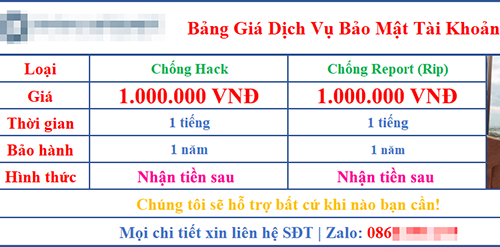 Một bảng báo giá dịch vụ bảo vệ tài khoản Facebook.