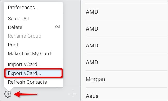 Trong màn hình vừa hiện lên, chọn 1 tên trong danh bạ. Nếu bạn chỉ muốn xuất 1 số điện thoại, click vào biểu tượng bánh răng ở góc dưới bên trái, và chọn Export vCard trong menu vừa hiện ra. Nếu bạn muốn chọn nhiều số điện thoại, click vào 1 cái tên trước. Sau đó, rê con trỏ chuột đến số điện thoại cuối cùng mà bạn muốn xuất, nhấn và giữ phím Shift, rồi click vào tên số điện thoại cuối cùng. Click vào biểu tượng bánh răng rồi chọn Export vCard. Trong màn hình vừa hiện lên, chọn 1 tên trong danh bạ. Nếu bạn chỉ muốn xuất 1 số điện thoại, click vào biểu tượng bánh răng ở góc dưới bên trái, và chọn Export vCard trong menu vừa hiện ra. Nếu bạn muốn chọn nhiều số điện thoại, click vào 1 cái tên trước. Sau đó, rê con trỏ chuột đến số điện thoại cuối cùng mà bạn muốn xuất, nhấn và giữ phím Shift, rồi click vào tên số điện thoại cuối cùng. Click vào biểu tượng bánh răng rồi chọn Export vCard.