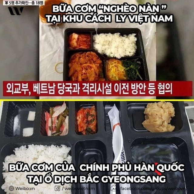 Một số cư dân mạng đã so sánh hình ảnh phần cơn do Việt Nam cung cấp với phần cơm tại khu cách ly ở Daegu.