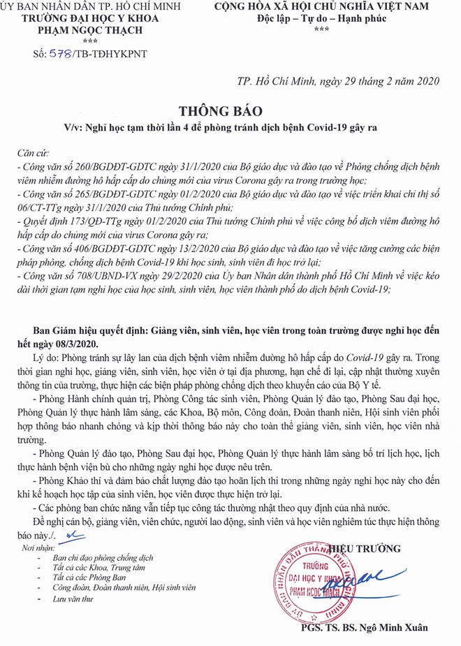 Thông báo nghỉ học lần 4 của Trường ĐH Y khoa Phạm Ngọc Thạch .