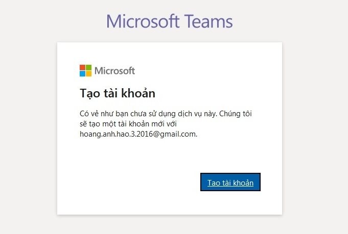 Nếu email chưa được đăng ký tài khoản Microsoft thì bạn hãy kích chuột vào tạo tài khoản và làm theo các hướng dẫn