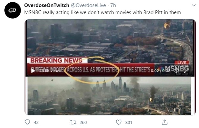 MSNBC trở thành nạn nhân mới nhất của tin giả trên mạng xã hội khi nhiều người tưởng họ dùng hình ảnh trong phim để đưa vào bản tin.