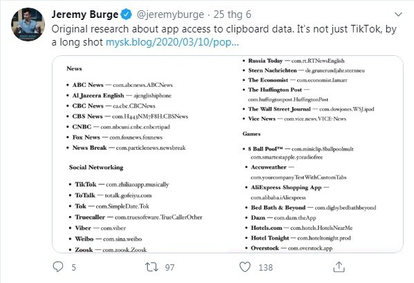 Một danh sách bao gồm 53 ứng dụng đọc clipboard người dùng được tài khoản Twitter @jeremyburge công bố. Ảnh: Twitter.