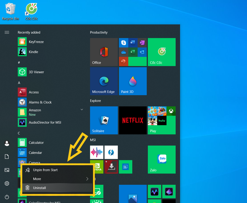 Nhấn Uninstall từ menu thả xuống.