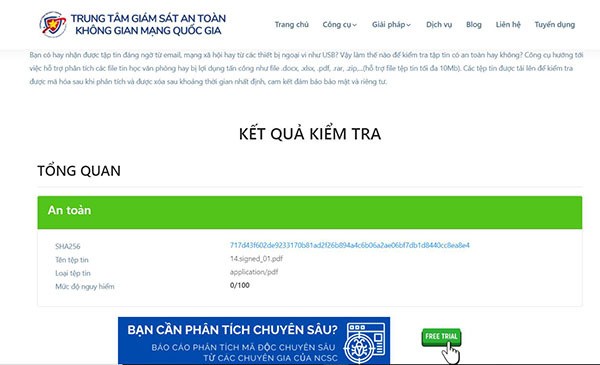 Kết quả kiểm tra được hiển thị sau khi hệ thống phân tích tệp tin.