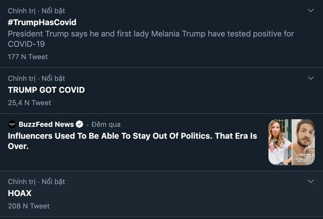 Các từ khóa liên quan cũng trở thành trào lưu, như #TrumpHasCovid (Trump nhiễm Covid-19). Các từ khóa liên quan đến ông Trump và Covid cũng được lặp đi lặp lại trên mạng xã hội, bao gồm: #bleach (thuốc tẩy, chỉ hợp chất Hydroxychloroquine được nhiều người coi như thuốc chữa bệnh sau lời khẳng định của ông Trump), #FLOTUS (Đệ nhất phu nhân, chỉ bà Melanie Trump) hay #Hoax (trò lừa, từ từng được ông Trump dùng để mô tả đại dịch).  Theo số liệu của Google Trends, số liệu cho thấy lượt tìm kiếm thông tin về tổng thống Trump và Covid-19 đạt mức cao nhất trong 7 ngày qua tại Mỹ. Trong đó, từ khóa “Trump positive for covid” và “Trump covid positive” được đánh giá là tăng đột biến. Các từ khóa liên quan khác như “Trump test positive for covid” tăng đến 4.800% so với trước đây.  Các từ khóa liên quan đến 