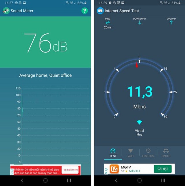 Giao diện của công cụ đo tiếng ồn (trái) và giao diện công cụ đo tốc độ kết nối Internet (phải) do Smart Kit 360 cung cấp