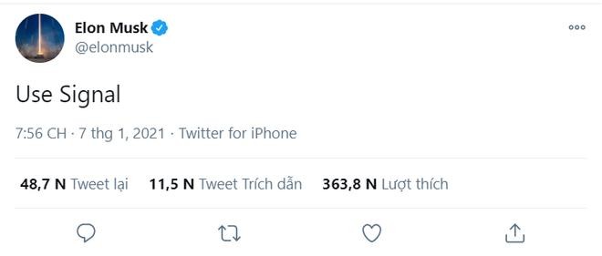 Tỉ phú Elon Musk kêu gọi mọi người dùng Signal Ảnh chụp màn hình Twitter