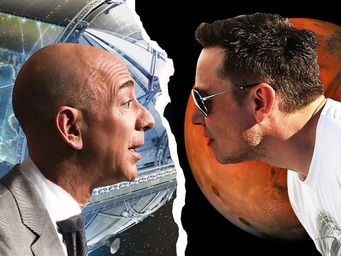 Elon Musk (phải) và Jeff Bezos đều đang có tham vọng phủ sóng Internet vệ tinh. Ảnh: Business Insider.
