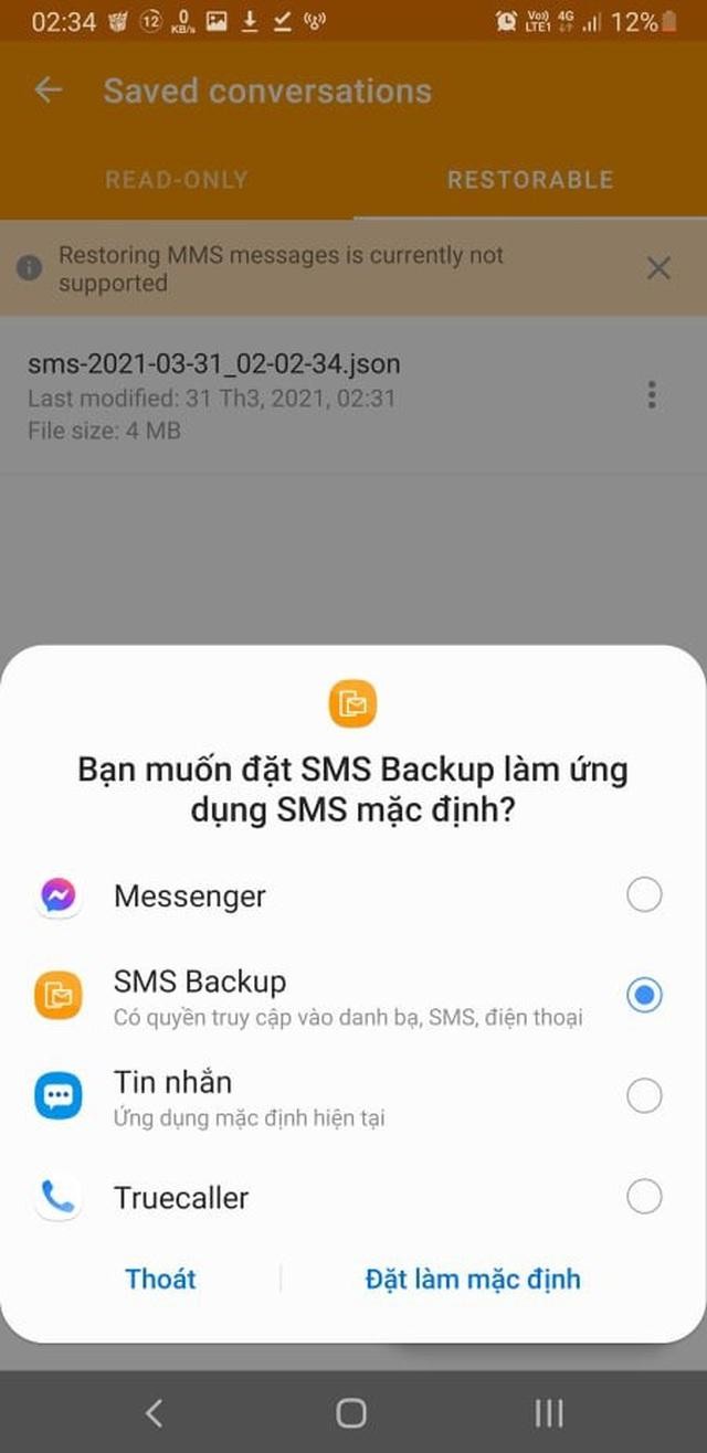 Sau khi thay đổi thiết lập, SMS Backup sẽ lập tức thực hiện quá trình phục hồi tin nhắn. Sau khi thay đổi thiết lập, SMS Backup sẽ lập tức thực hiện quá trình phục hồi tin nhắn.