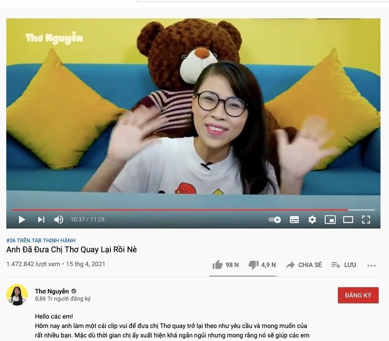 Clip mới của Thơ Nguyễn trên YouTube. (Ảnh chụp màn hình)