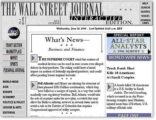 Giao diện The Wall Street Journal những ngày đầu thu phí. Giao diện The Wall Street Journal những ngày đầu thu phí.