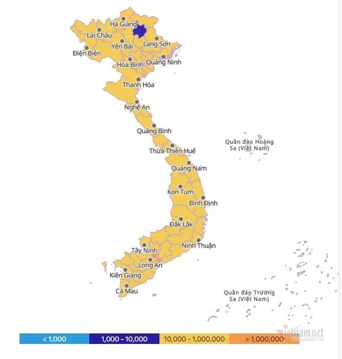 Bản đồ thể hiện tốc độ tiêm vắc xin Covid-19 của các địa phương. Nhìn theo màu sắc, có thể thấy TP.HCM đang có tốc độ tiêm vắc xin nhanh nhất cả nước.