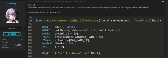 Tin tặc rao bán thông tin mã nguồn sản phẩm của BKAV, nhưng chưa đưa ra mức giá cụ thể.