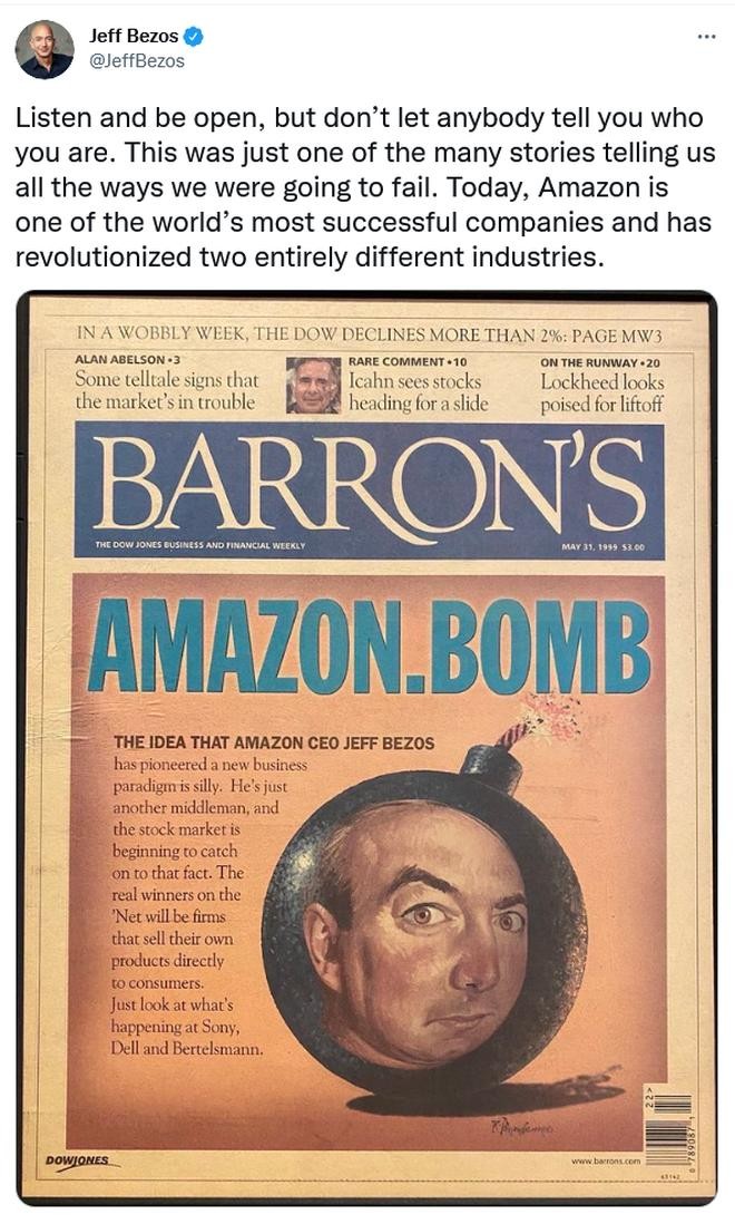 Bài báo năm 1999 dự đoán về sự sụp đổ của Amazon được Jeff Bezos chia sẻ trên trang Twitter của mình.