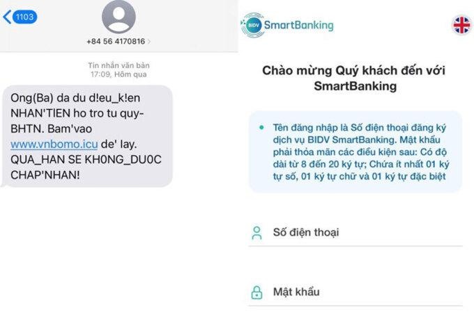 Tin nhắn lừa đảo và giao diện web lấy mất thông tin của chị Ng. (Ảnh: NVCC)
