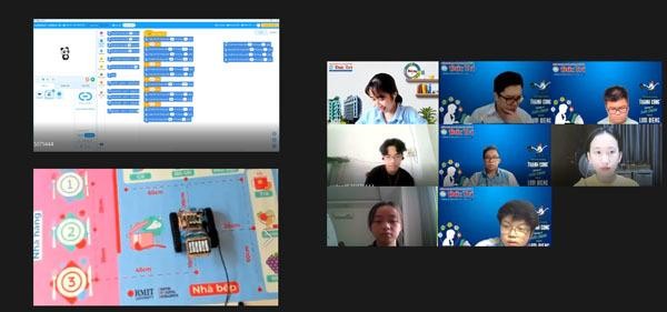 Học sinh trường THPT Đức Trí (TP.HCM) trình bày dự án robot và lập trình của các em trên lớp học trực tuyến. Học sinh trường THPT Đức Trí (TP.HCM) trình bày dự án robot và lập trình của các em trên lớp học trực tuyến.