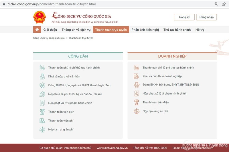 Các nhóm dịch vụ thanh toán trực tuyến đang được cung cấp trên Cổng Dịch vụ công quốc gia. Các nhóm dịch vụ thanh toán trực tuyến đang được cung cấp trên Cổng Dịch vụ công quốc gia.