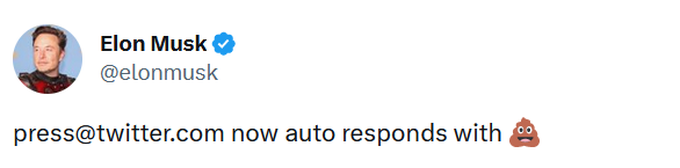 Thông báo của Elon Musk về phản hồi tự động của hộp thư press@twitter.com mỗi khi nhận được email mới (Ảnh chụp màn hình).