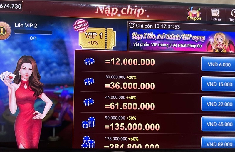 Hình thức nạp tiền trên game bài Tỉ phú Poker...