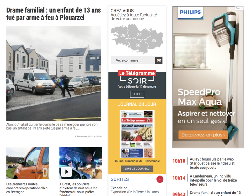 Tờ Le Télégramme tích hợp ảnh thumbnail vào giữa trang chủ của họ. Ảnh: Twipe