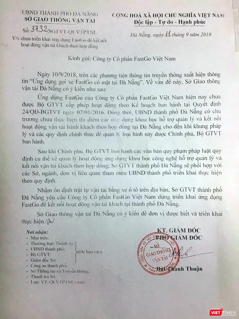 Công văn số 3732/SGTVT-QLVTPTNL ngày 11/9/2018 của Sở GTVT Đà Nẵng gửi Công ty Cổ phần FastGo Việt Nam yêu cầu dừng triển khai ứng dụng Fast Go tại Đà Nẵng