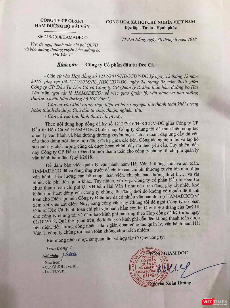 Hamadeco phát công văn đòi tiền đối với Công ty CP Đầu tư Đèo Cả