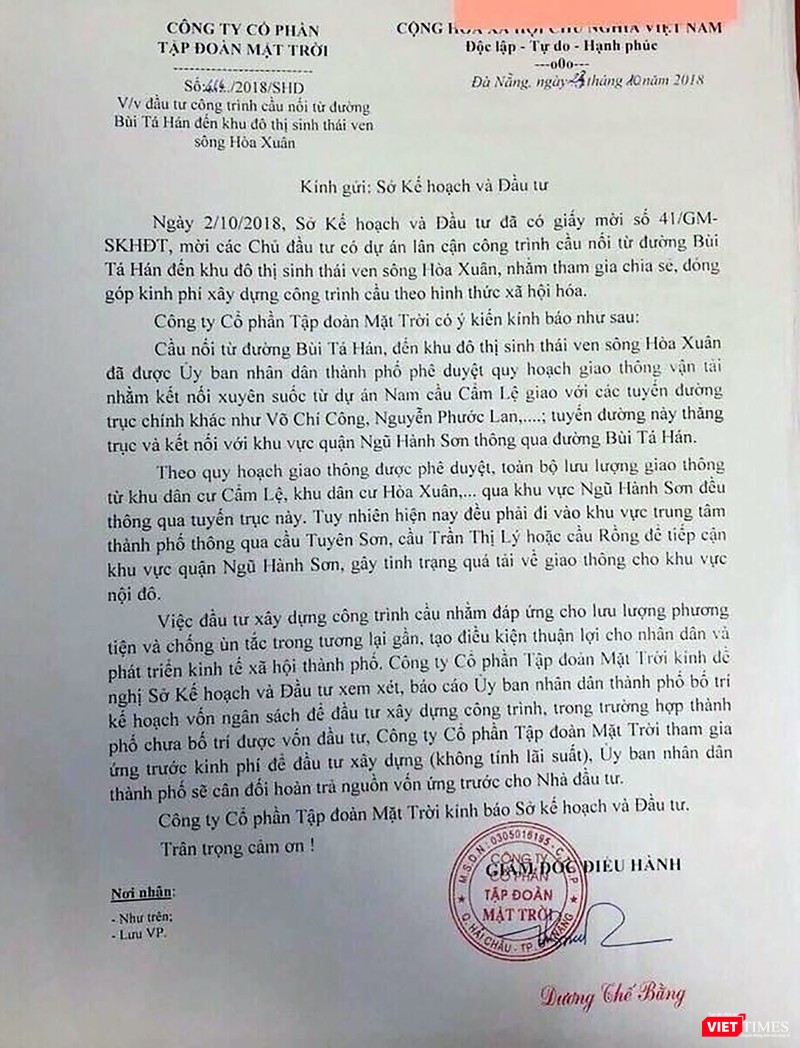 Dư luận đặt dấu hỏi cho văn bản đề xuất của doanh nghiệp, khi cầu Bùi Tán Hán được xem là nút thắt để đẩy giá đất tại Khu đô thị sinh thái ven sông Hòa Xuân lên cao Dư luận đặt dấu hỏi cho văn bản đề xuất của doanh nghiệp, khi cầu Bùi Tán Hán được xem là nút thắt để đẩy giá đất tại Khu đô thị sinh thái ven sông Hòa Xuân lên cao
