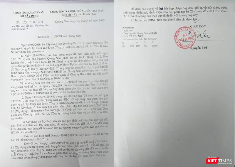 Văn bản báo cáo của Sở Xây dựng tỉnh Quảng Nam về vụ việc