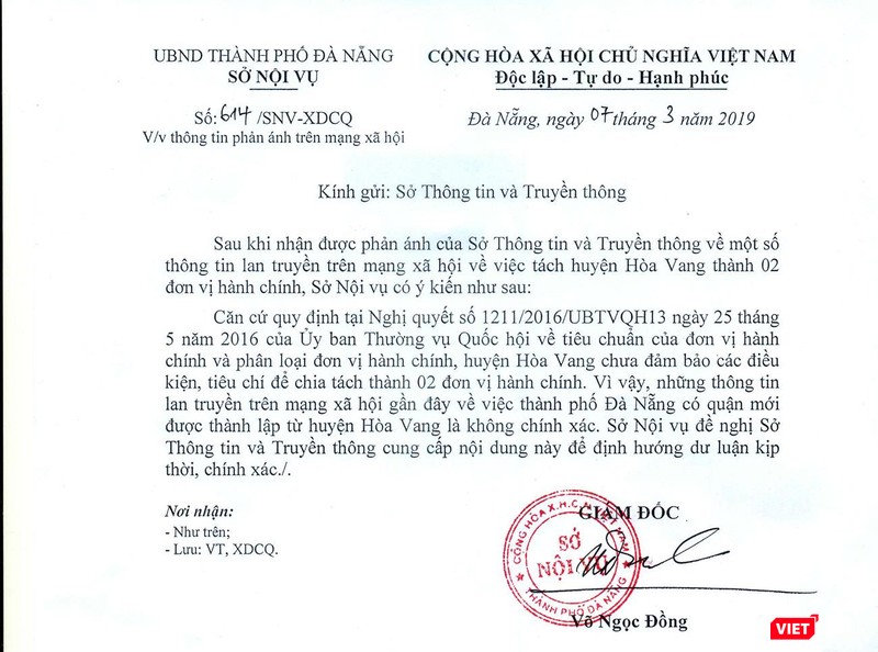 Văn bản của Sở Nội vụ TP Đà Nẵng bác bỏ tin đồi thất thiệt