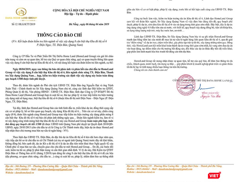 Ngày 9/4, DanaHome Land có Thông cáo số 12 khẳng định việc thi công đúng quy hoạch được duyệt và giấy phép xây dựng đã cấp cho chủ đầu tư cũ Ngày 9/4, DanaHome Land có Thông cáo số 12 khẳng định việc thi công đúng quy hoạch được duyệt và giấy phép xây dựng đã cấp cho chủ đầu tư cũ