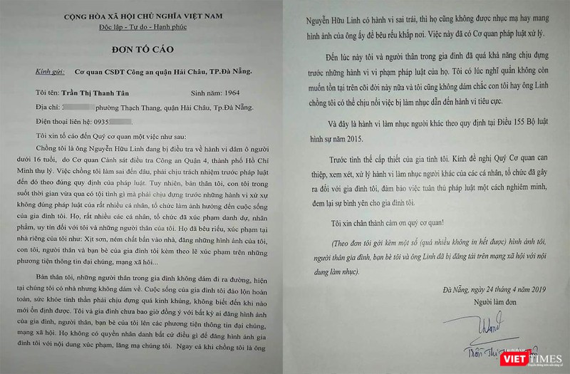 Đơn tố cáo của bà Tân (vợ ông Nguyễn Hữu Linh) gửi đến cơ quan công an vì cho rằng bị làm nhục