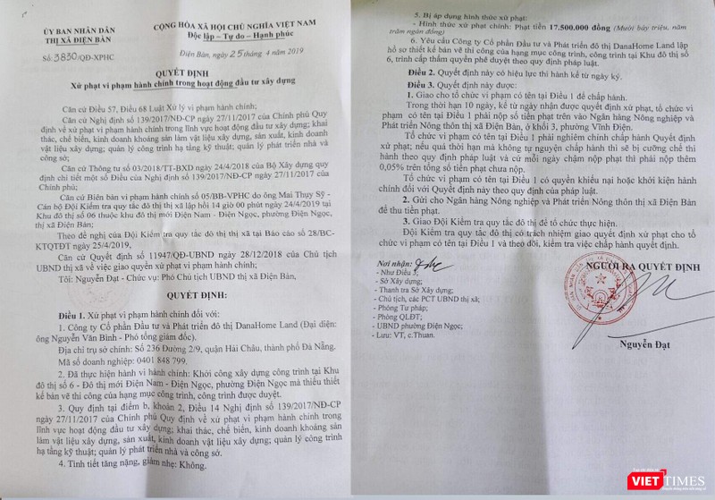Quyết định xử phạt số 3830/QĐ-XPHC ngày 25/4/2019 của UBND thị xã Điện Bàn đối với công trình Khu biệt thự Song Lập tại Khu đô thị số 6 Điện Nam-Điện Ngọc do DanaHome Land triển khai