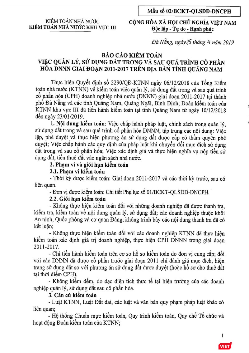 Báo cáo Kết luận kiểm toán của Kiểm toán nhà nước khu vực 3 đối với việc quản lý sử dụng đất trong và sau quá trình cổ phần hóa DNNN giai đoạn 2011-2017 trên địa bàn tỉnh Quảng Nam