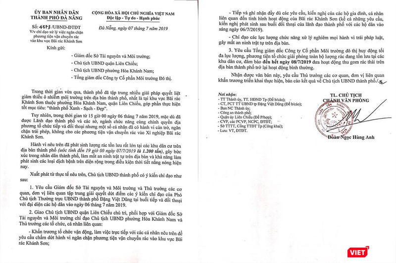 Sau cuộc họp khẩn giữa Chủ tịch UBND TP Đà Nẵng và các Sở ban ngành, tối muộn ngày 7/7, Văn phòng UBND TP Đà Nẵng đã phát văn bản chỉ đạo của Chủ tịch UBND TP liên quan đến vụ việc
