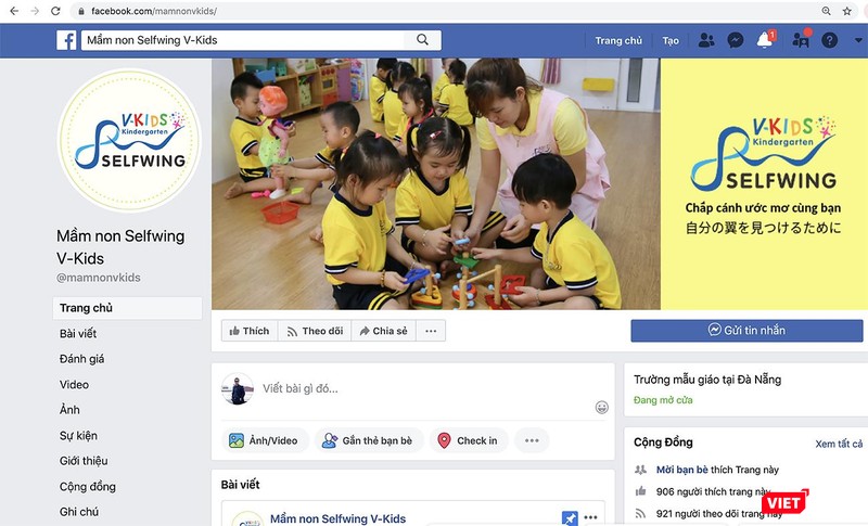 Thông tin về Trường Mầm non Selfwing V-kids đăng tải trên fanpage
