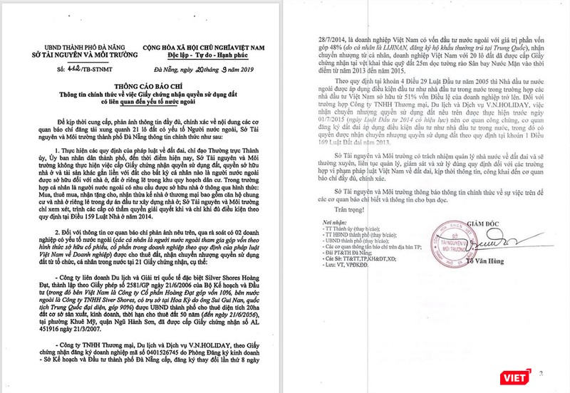 Thông cáo báo chí của Sở TN&MT TP Đà Nẵng phát hành vào cuối giờ chiều ngày 20/9