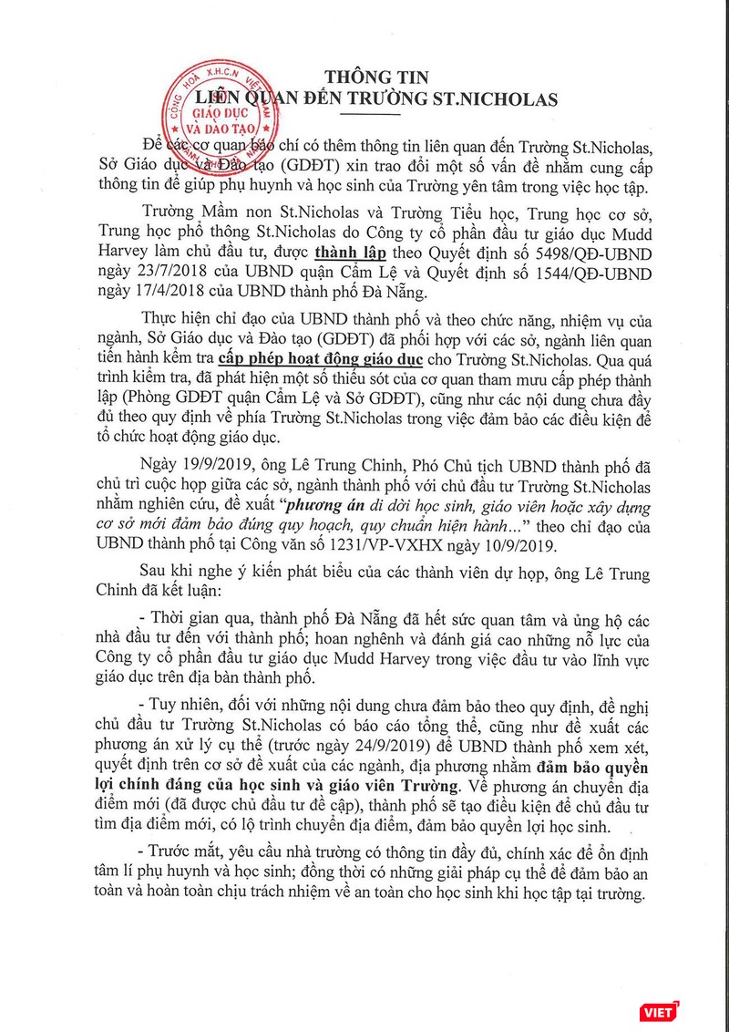 Văn bản mới nhất về sự việc ở Trường St.Nicholas sau chỉ đạo dừng hoạt động và di dời học sinh, giáo viên của Phó Chủ tịch thường trực UBND TP Đà Nẵng Đặng Việt Dũng Văn bản mới nhất về sự việc ở Trường St.Nicholas sau chỉ đạo dừng hoạt động và di dời học sinh, giáo viên của Phó Chủ tịch thường trực UBND TP Đà Nẵng Đặng Việt Dũng