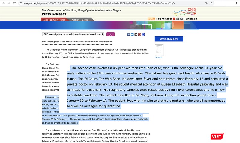 Bản tin từ website của chính quyền Hong Kong (Trung Quốc) đưa tin dẫn nguồn của Trung tâm Bảo vệ Sức khỏe (CHP) của Sở Y tế đặc khu này về 3 trường hợp nhiễm COVID-19 mới Bản tin từ website của chính quyền Hong Kong (Trung Quốc) đưa tin dẫn nguồn của Trung tâm Bảo vệ Sức khỏe (CHP) của Sở Y tế đặc khu này về 3 trường hợp nhiễm COVID-19 mới