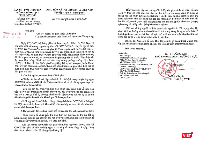 Công văn hỏa tốc số 1126/CV-BCĐ của Ban Chỉ đạo Quốc gia phòng chống dịch COVID-19 liên quan chuyến bay ngày 2/3 mang số hiệu VN0054 của Vietnam Airlines được phát hành từ ngày 9/3