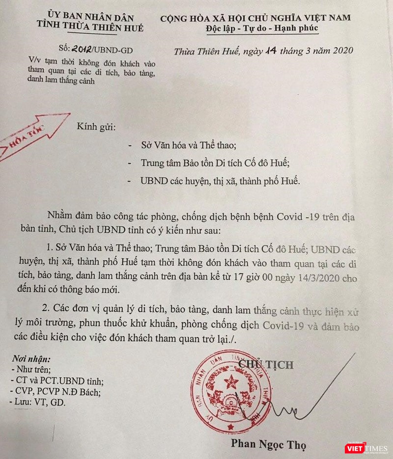 Công văn hỏa tốc của UBND Thừa Thiên Huế phát đi chiều nay.