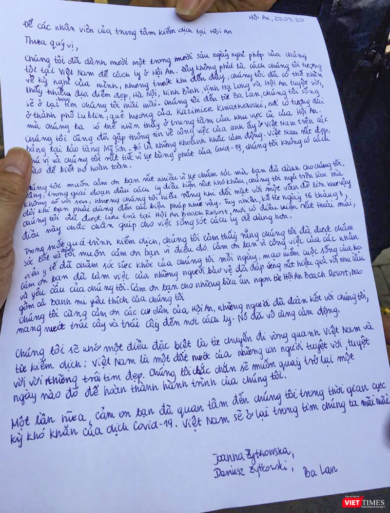 Bức thư cảm ơn của 2 du khách người Ba Lan gửi đến các nhân viên y tế Trung tâm kiểm dịch Hội An