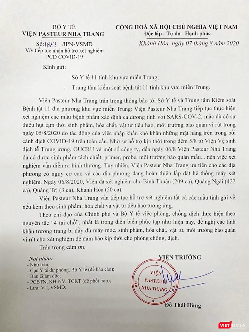 Văn bản tiếp tục tiếp nhận mẫu xét nghiệm COVID-19 của Viện Pasteur Nha Trang