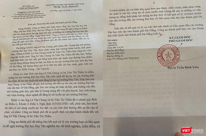 Thông báo của Công an TP Đà Nẵng về kết quả điều tra đối với thư nặc danh bêu xấu các trường ĐH trên địa bàn Đà Nẵng