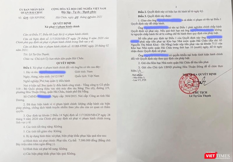 Quyết định xử phạt của UBND quận Hải Châu đối với ông N.B.K vì hành vi vi phạm quy định phòng, chống dịch
